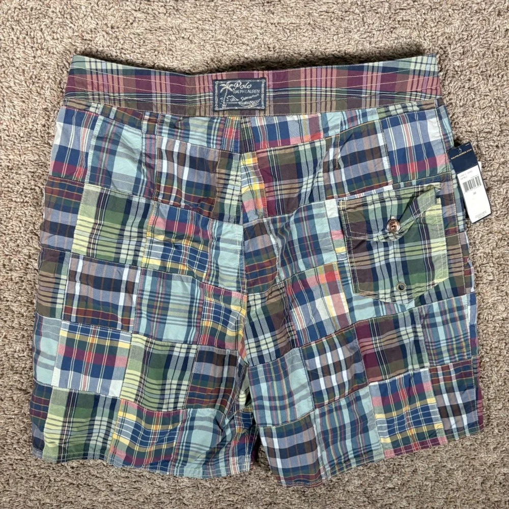 Polo Ralph Lauren Mens Patchwork Madras Plaid Swim Trunks Multicolor Size 36 NEW